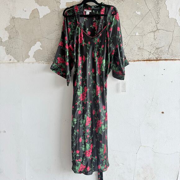Vtg Satin Slip Dress + Robe Set NWT Black Red Floral 2 Pieces L Morgan Taylor